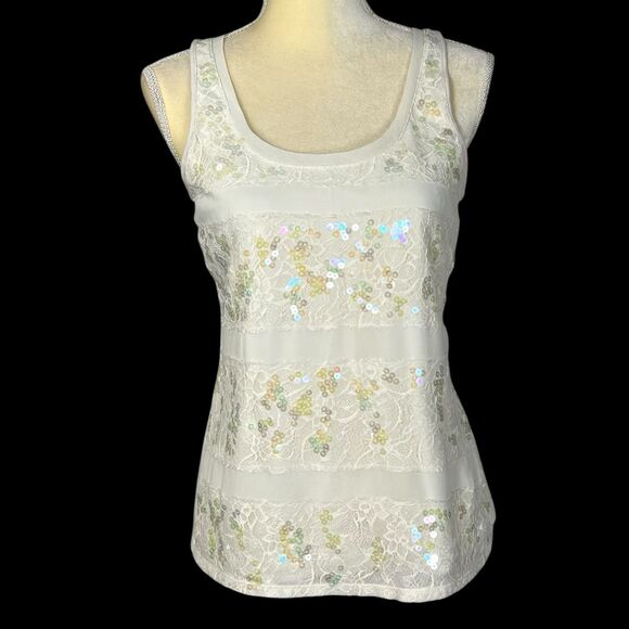 EXPRESS Women’s Tank Top Ivory Size SP Lace Sequins Striped Sleeveless Summer - Picture 11 of 13